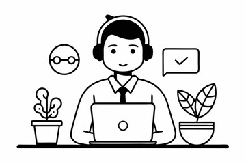 call center man with laptop black and white color