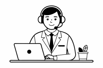 call center man with laptop black and white color