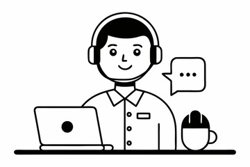 call center man with laptop black and white color