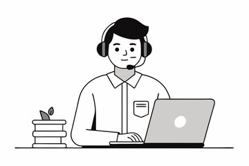 call center man with laptop black and white color