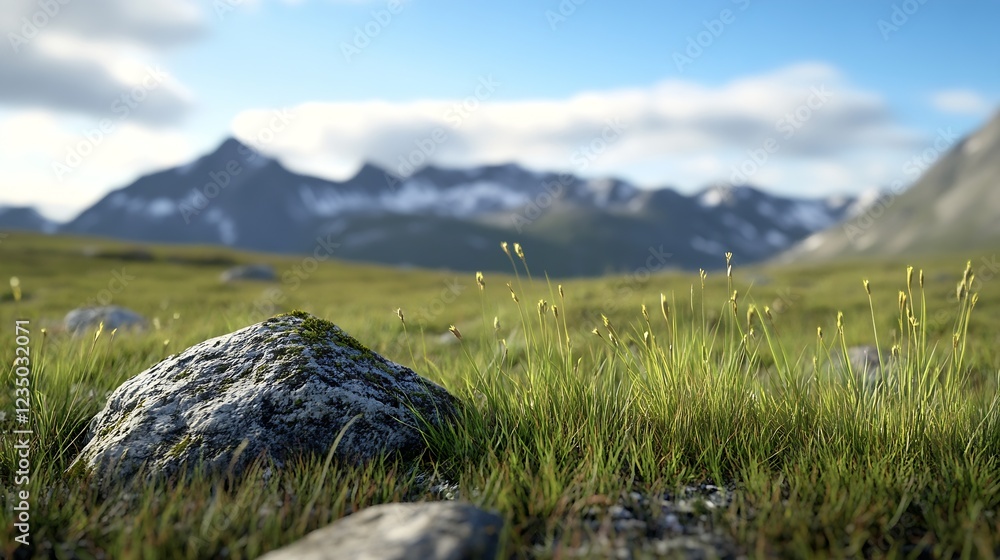 Aufkleber tranquil highland meadow with rocks and mountainous background : generative ai