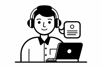 call center man with laptop black and white color