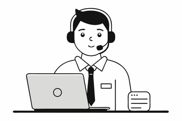 call center man with laptop black and white color