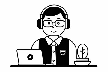call center man with laptop black and white color