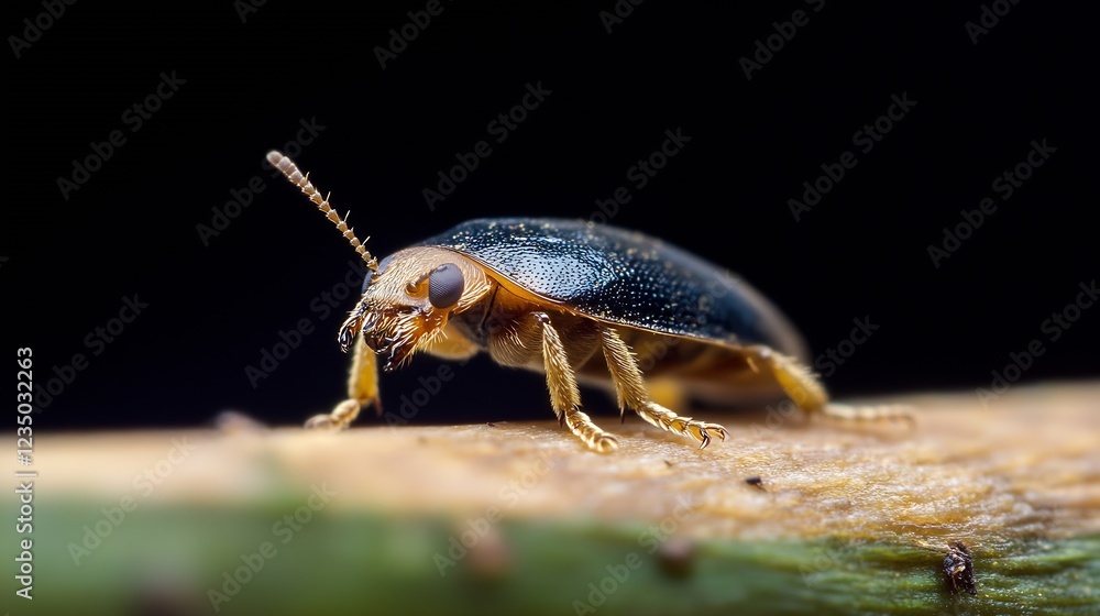 Poster Detailed macro shot of a beetle on wooden surface displaying rich textures and phenomenal adaptability in nature : Generative AI