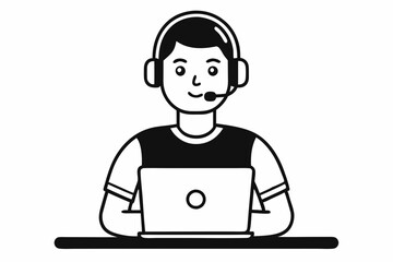 call center man with laptop black and white color