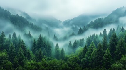 Fototapeta premium Misty mountains enveloped in fog with a lush green forest stretching across the landscape