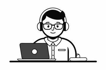 call center man with laptop black and white color
