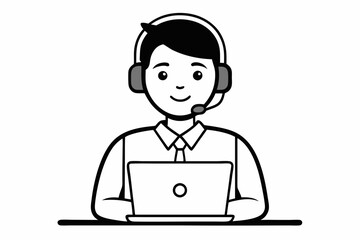 call center man with laptop black and white color