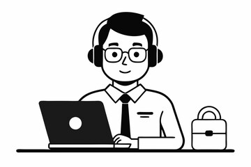 call center man with laptop black and white color