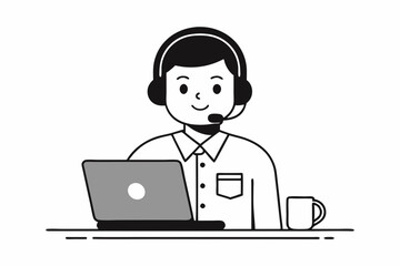 call center man with laptop black and white color