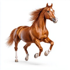 Obraz premium Strong horse with shiny chestnut coat rearing against a white background, showcasing its powerful physique and elegance