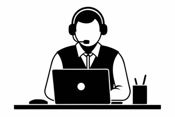 call center man with laptop black and white color