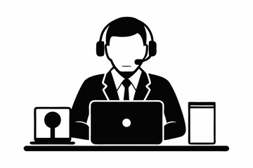 call center man with laptop black and white color