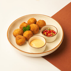 deep fried cheese balls minimally styled for restaurant menu and food ecommerce