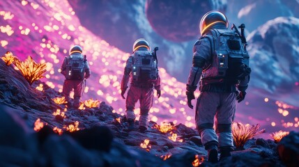 Astronauts explore a volcanic landscape while surrounded by smoke and lava during a dramatic twilight period