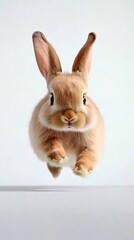 Obraz premium A cute, fluffy rabbit is captured mid-jump, isolated against a transparent background. The image showcases the rabbit's vibrant fur and lively expression.