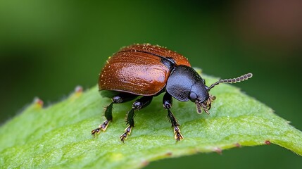 Naklejka premium Brown and Black Beetle Perched on a Vibrant Green Leaf Outdoors : Generative AI