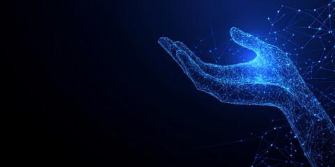 Abstract Blue Digital Hand Reaching Out Network Connection web art data dots mesh tech cyber lines