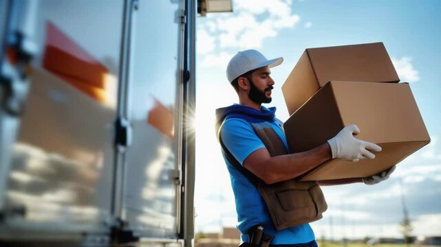 A delivery worker transports brown boxes from a truck in bright sunlight at a bustling transportation hub. The activity highlights essential logistics in action