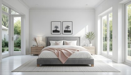 Fototapeta premium Modern bedroom interior, featuring a large bed with a gray headboard, white bedding, and a blush pink knitted throw blanket. The room is bright and airy, with walls and floors in a neutral white 