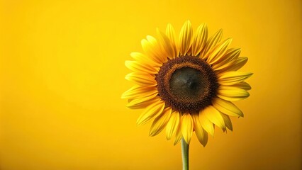 A single sunflower with yellow petals and a dark brown center against a bright yellow background.  The sunflower is facing the right side of the frame.