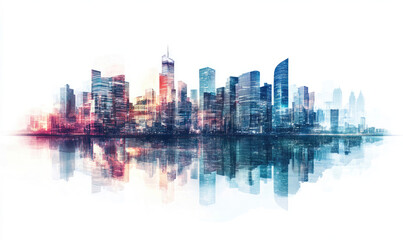 Modern City Skyline with Vibrant Reflections at Sunrise