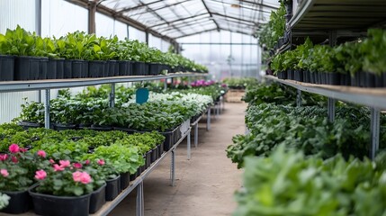 Sprawling Greenhouse Interior Filled with Variety of Plants for Gardening Enthusiasts and Nature Lovers : Generative AI