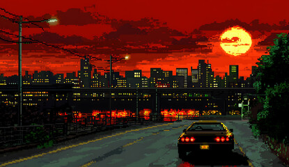 8-bit pixel art city skyline at dusk with red sky, neon lights, cars, and anime-style video game graphics