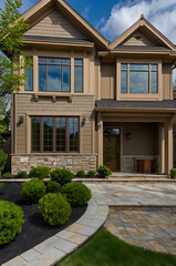 Luxury Modern Home Exterior: Stone Facade, Landscaping, and Pathway Design