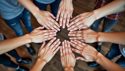 Group of diverse hands joining together in circle on wooden floor background