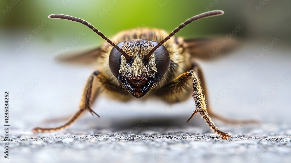 Poster Close up macro shot of a bee displaying its intricate details on a blurred natural background : Generative AI