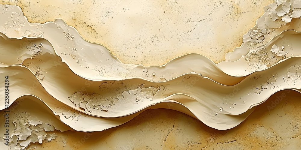 Poster an abstract artwork featuring flowing waves of soft beige and cream tones, creating a sense of movem