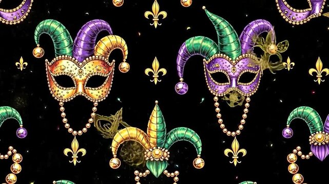 Mardi Gras banner with A pattern of masks with gold and purple accents. The masks are of different sizes and are all connected by a chain