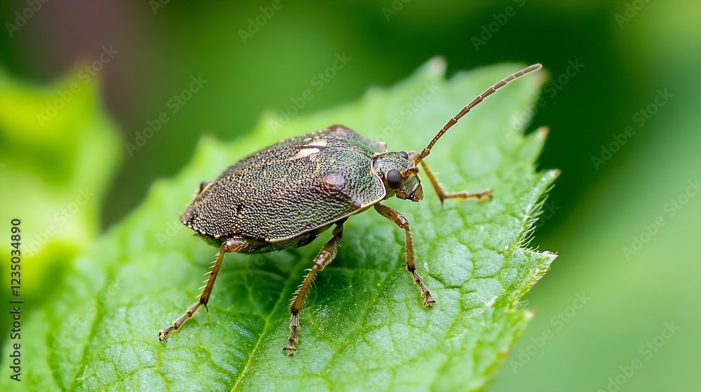 Poster closeup view of a green leaf bug camouflaged on leaf in its natural habitat : generative ai