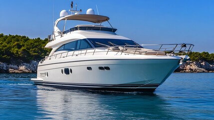 Fototapeta premium Luxurious motor yacht anchored in serene bay emphasizing elegance and relaxation : Generative AI