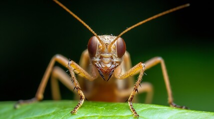 Fototapeta premium Detailed Image of Brown Cricket Insect with Prominent Eyes on Green Leaf : Generative AI
