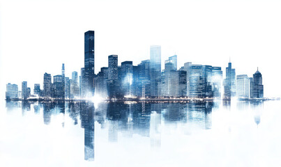 Fototapeta premium Modern City Skyline with Vibrant Reflections at Sunrise