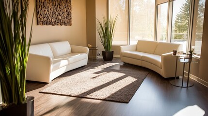 Contemporary Lounge with White Sofas and Wooden Flooring in Sunlit Modern Living Space : Generative AI