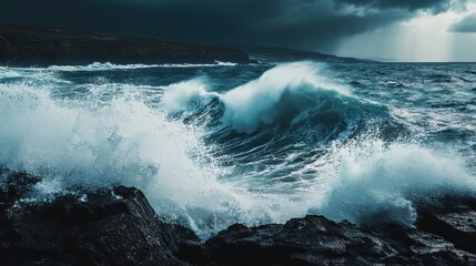 Waves crashing against rocky coastline during stormy weather in the late afternoon