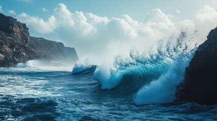 Waves crashing against rocky coastline during stormy weather in the late afternoon