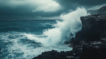 Waves crashing against rocky coastline during stormy weather in the late afternoon