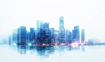 Fototapeta premium Modern City Skyline with Vibrant Reflections at Sunrise