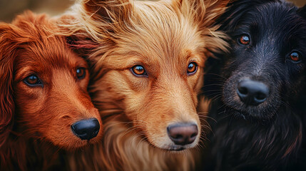 Three dogs cuddle outdoors, autumn background, pet portrait, for pet adoption ads