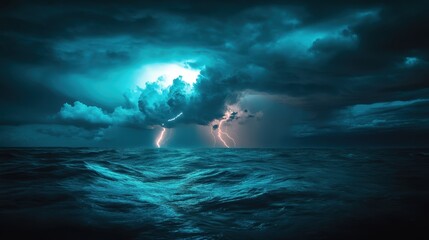 Stormy ocean landscape with dramatic lightning illuminating the dark clouds during twilight hours