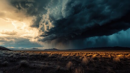 Dramatic storm clouds loom over a vast landscape illuminated by golden sunlight during late afternoon