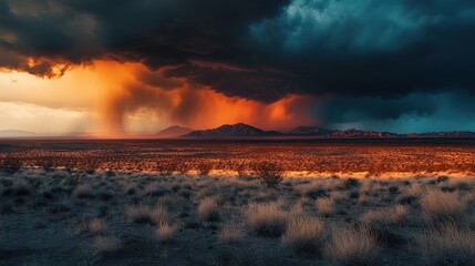 Dramatic storm clouds loom over a vast landscape illuminated by golden sunlight during late afternoon