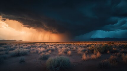 Dramatic storm clouds loom over a vast landscape illuminated by golden sunlight during late afternoon