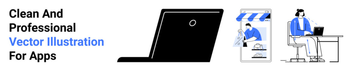 Laptop screen, mobile app showcasing e-commerce store, professional working at desk. Ideal for startups, productivity, online shopping, technology, remote work, business growth flat landing page