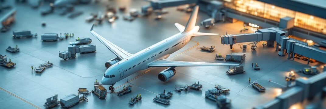 Busy airport terminal with airplanes and workers coordinating ground services during daylight. Generative AI